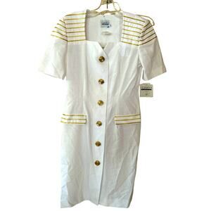 NWT Vintage 80s Classics Dress White and Gold Nautical Button Front Midi Size 8
